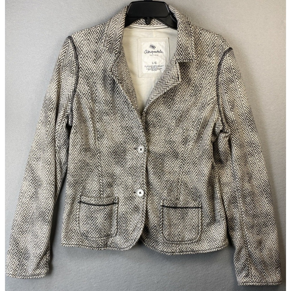 Aeropostale Knit Blazer Womens L Black White Herringbone Chevron Academia Drinks
